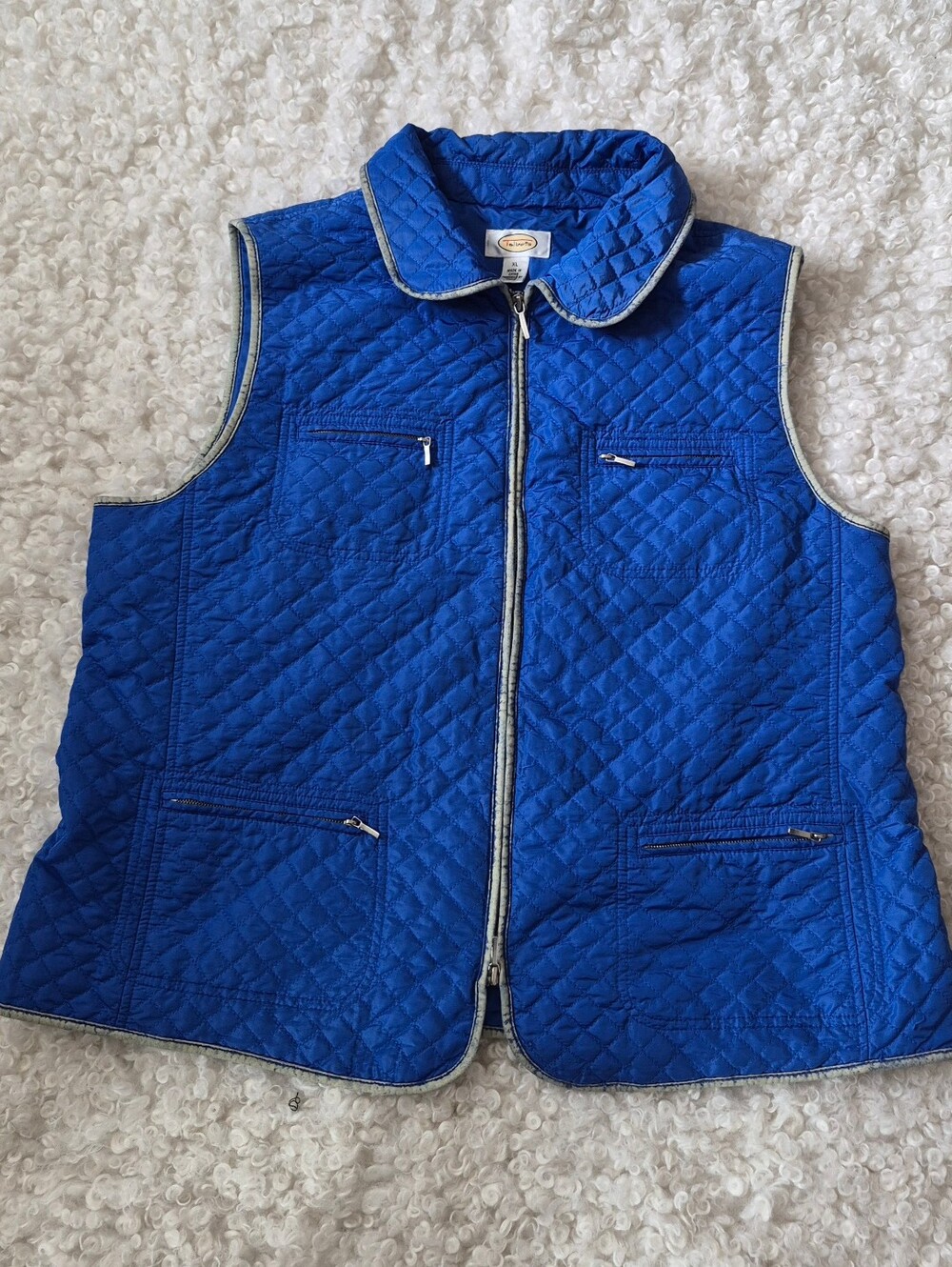 Vintage Talbots Quilted Zip Up Vest Blue Grey Trim Pockets Retro Classic Casual